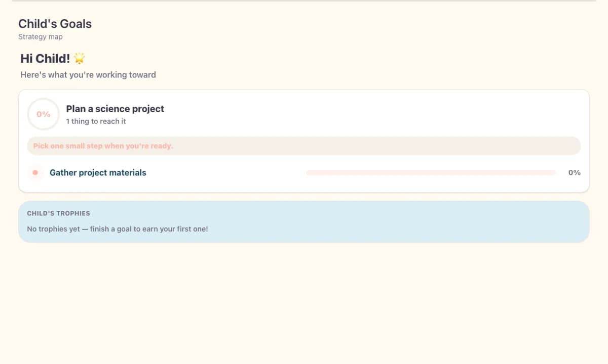 FirstTasks goal-progress interface showing connected goals, subgoals, and tasks
