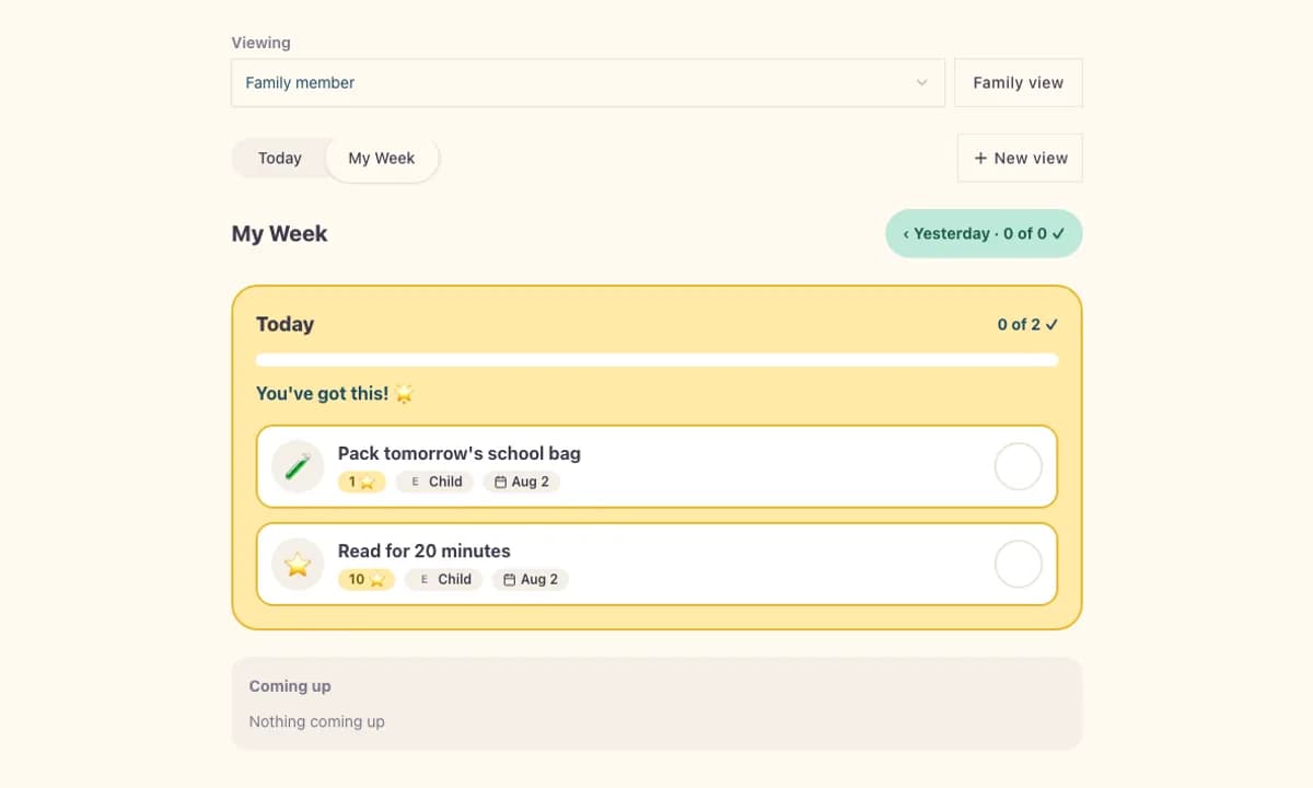 FirstTasks task-planning interface with family tasks arranged in columns